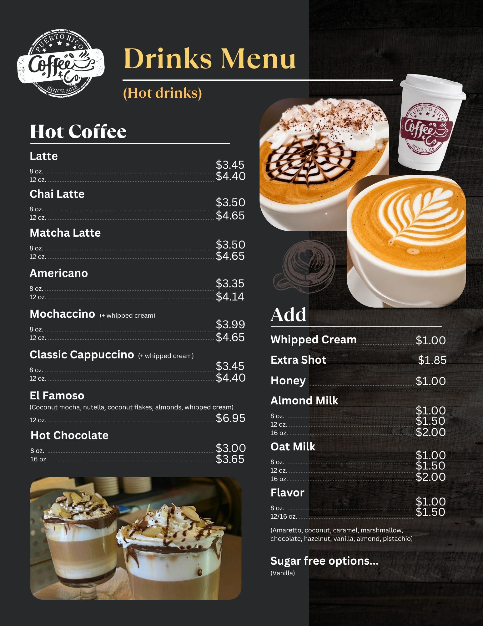 Puerto Rico Coffee &amp; Co. hot drinks menu with prices and add-ons.