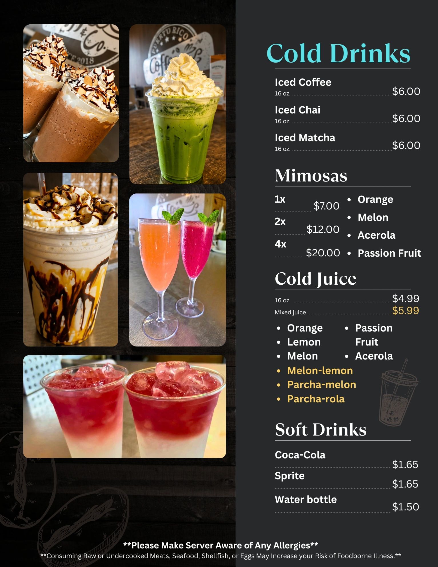 Menu showcasing various cold drinks including iced coffee, chai, matcha, mimosas, and cold juice options.