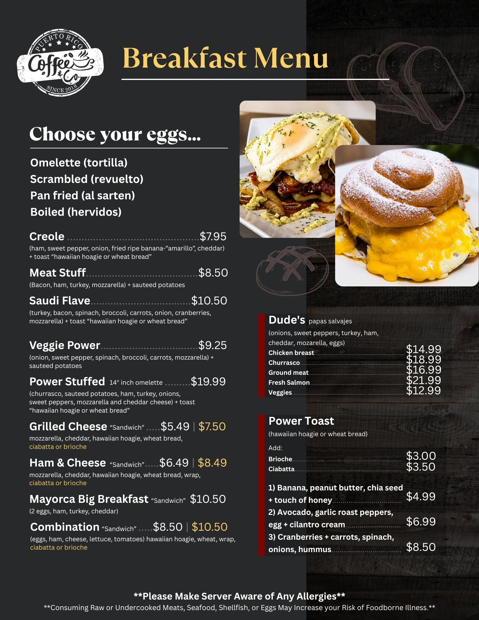 Puerto Rico Coffee &amp; Co breakfast menu with egg choices, sandwiches, and power toast options.