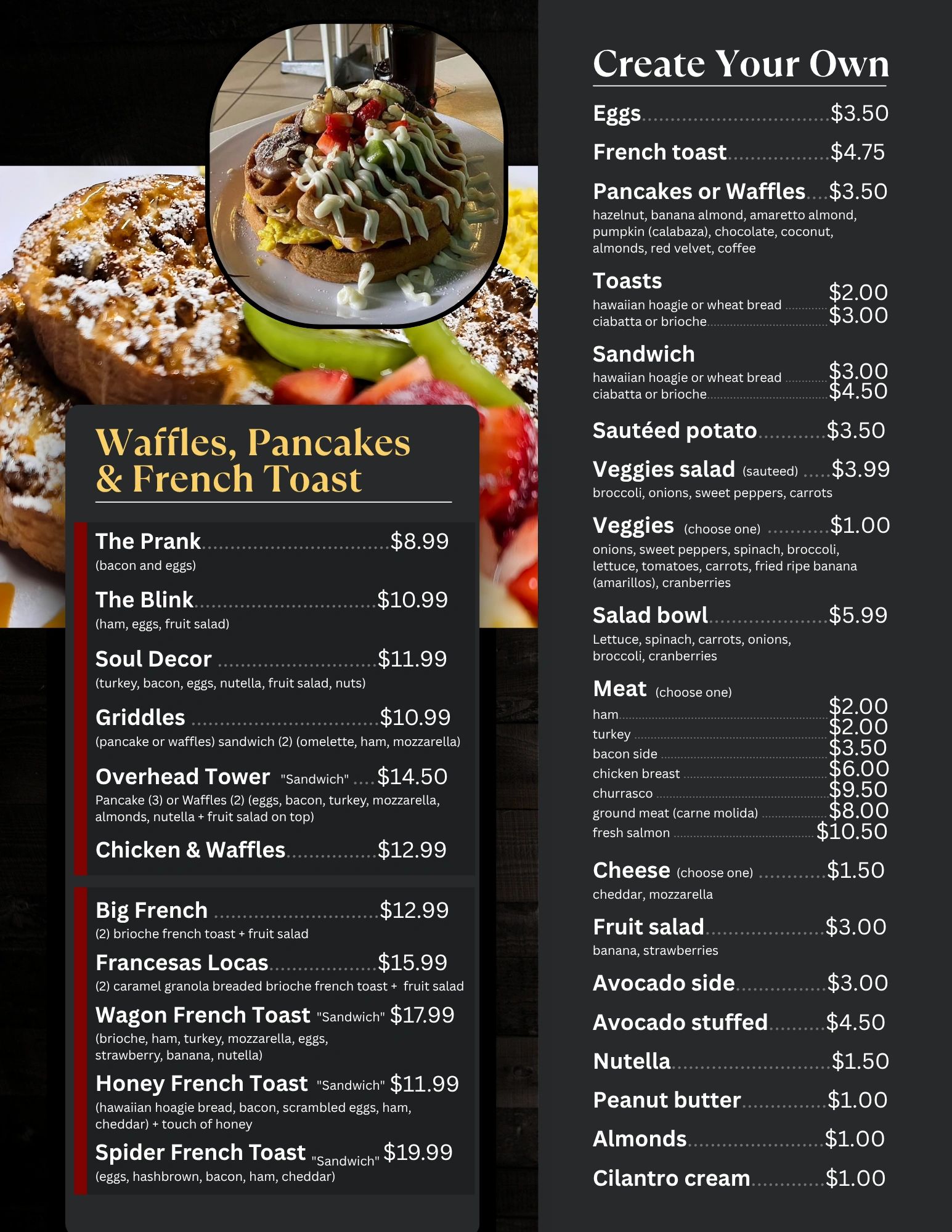 Menu featuring waffles, pancakes, French toast, and create-your-own breakfast options.