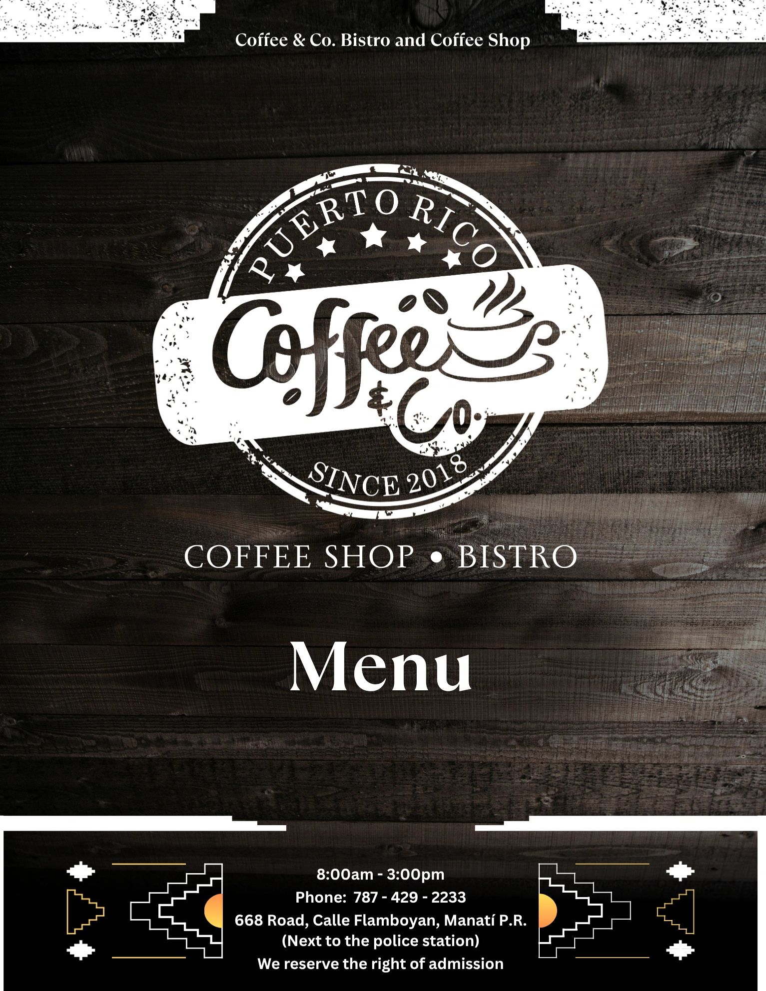 Puerto Rico Coffee &amp; Co. Bistro menu cover with contact and location details.