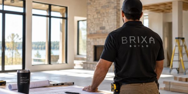 Construction worker reviewing blueprints in a modern home.