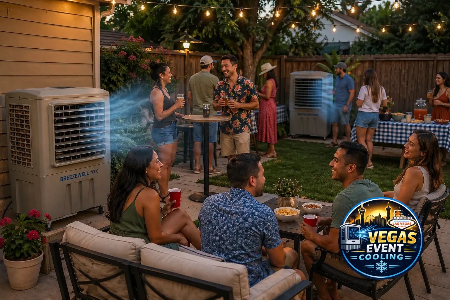 Friends enjoying a backyard party with outdoor cooling units and string lights.