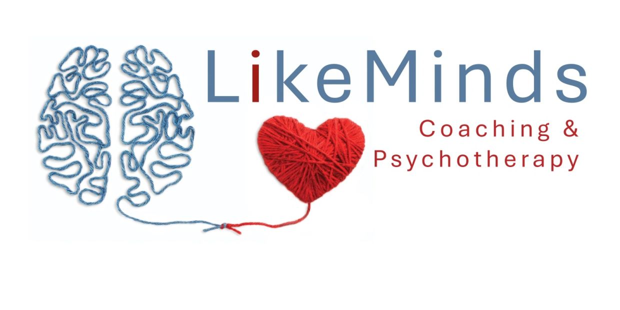 Logo of LikeMinds Coaching &amp; Psychotherapy with brain and heart yarn images.