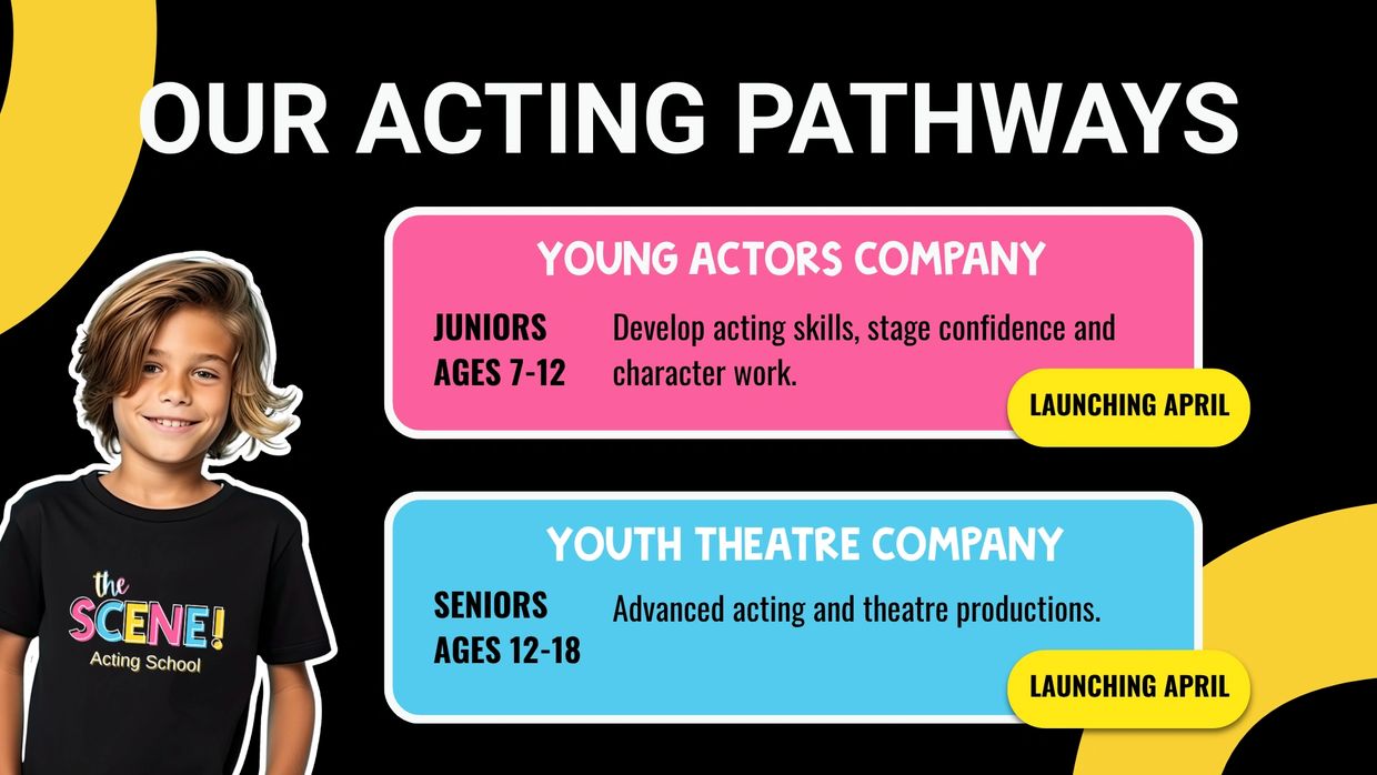 Promotional image detailing acting pathways for young and senior actors launching in April.