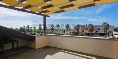 Spacious balcony with yellow awning and palm tree view under a clear blue sky.