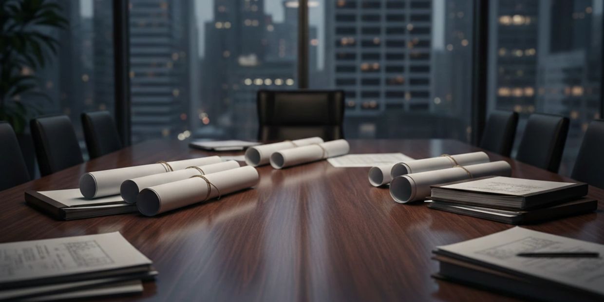 Conference room table with rolled blueprints and documents, city skyline in background.
