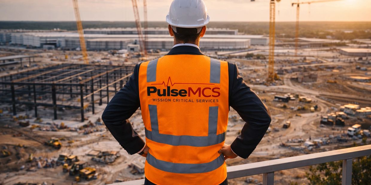 Engineer in safety vest overlooking a large construction site at sunset.