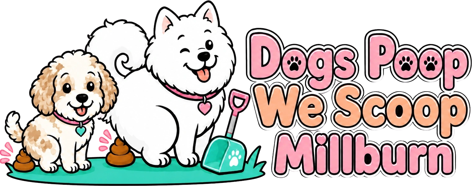 Cute dog poop scooping service logo with two dogs and shovel.