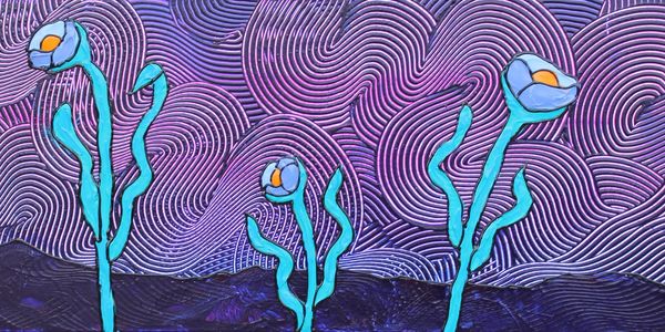 Image is a bold and textural painting in dark blues and purples depicting 3 art deco flowers