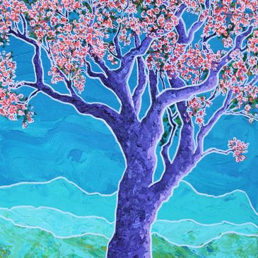 Image shows a purple tree with distant hills and pink flowers.