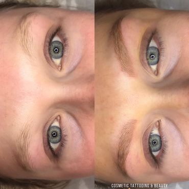 Before and after photo of an eyebrow tattoo/ Microblading/ Feather brow tattoo.