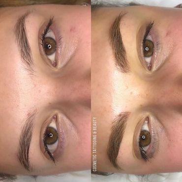 before and after comparision photo of microblading eyebrow tattoo.