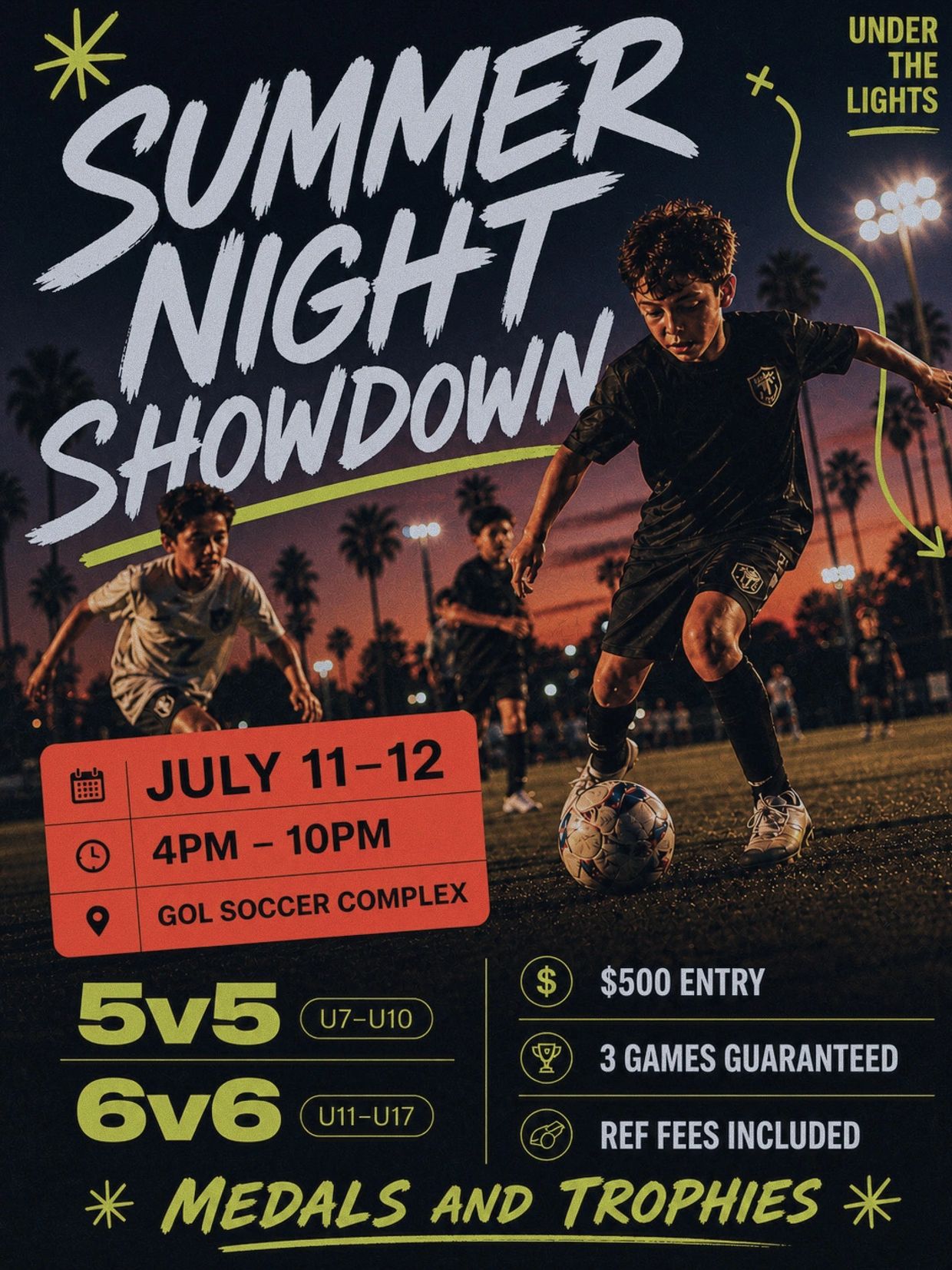 Youth soccer tournament flyer for July 11-12 at GOL Soccer Complex.