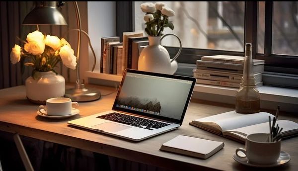 Cozy workspace with laptop, coffee, flowers, and books by a window.