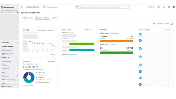 Business overview dashboard with sales, profit, expenses, invoices, and bank accounts summary.