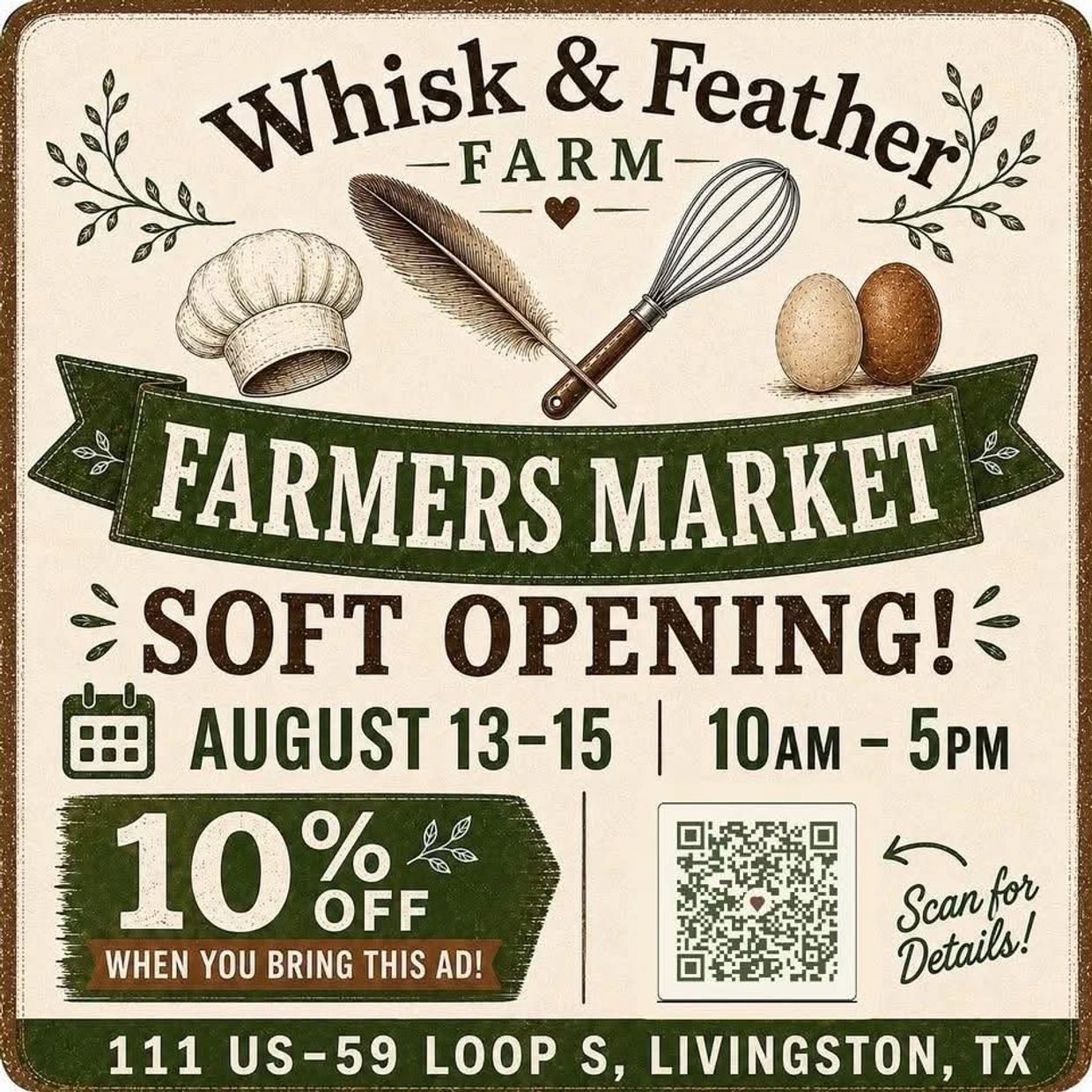 Farmers market soft opening advertisement with 10% off promo.