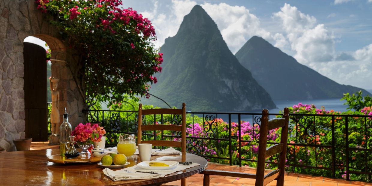 View of the Pitons from the dining table terrace.