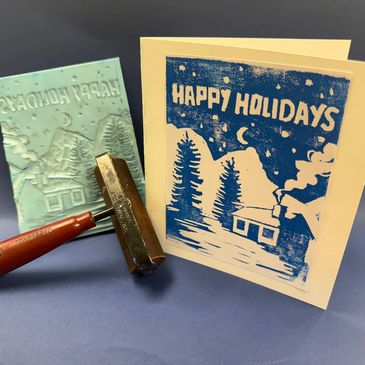 Hand carved linoleum printed holiday card
