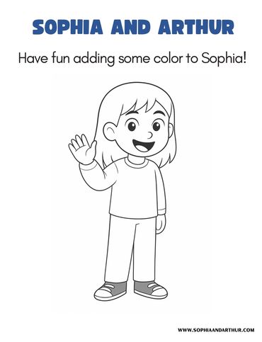 Black and white coloring page of Sophia waving happily.