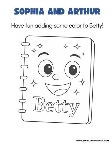 Coloring page featuring a smiling notebook named Betty with stars around it.
