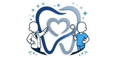 Illustration of two dental professionals with tooth and heart icons.