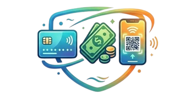 Digital payment methods including card, cash, and mobile QR codes interconnected.