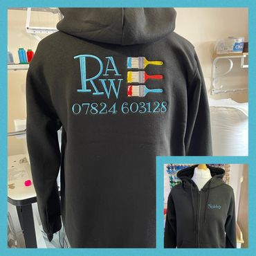 Printed black jacket featuring intricate patterns.