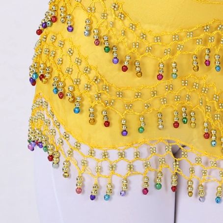 Yellow fabric with colorful beaded fringe detailing.