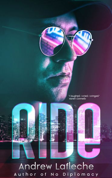 A composite image of a book cover that shows a young man staring over the Toronto skyline at night.