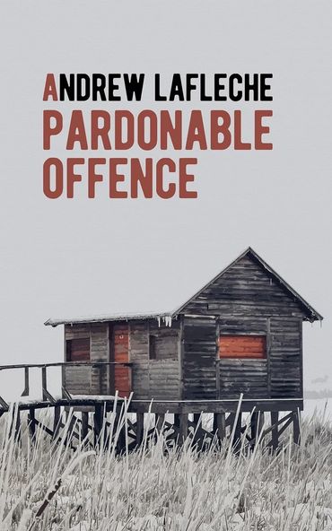 A composite image of a book cover that shows a snow capped wooded cabin with a red door and shutters