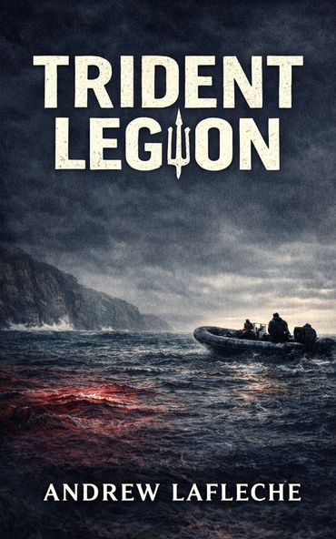 A composite image of a book cover that shows a RIB confronting the bloody water beneath a storm.