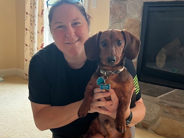 Dog training holding puppy