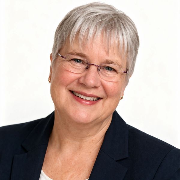 Smiling elderly woman with short silver hair and glasses in a dark blazer.