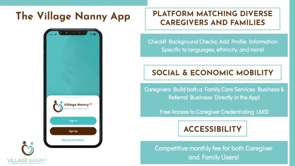 This is the home page of the Village Nanny app where families and caregivers can sign-up. 