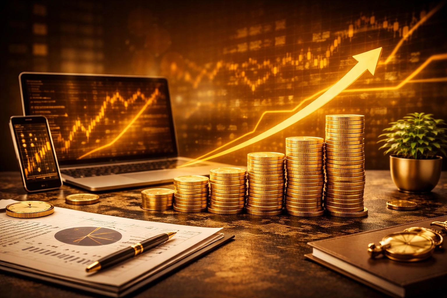 Stacks of gold coins with upward graph on laptop and phone screens symbolizing financial growth.