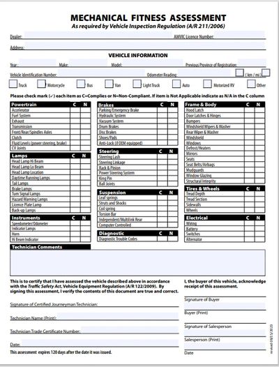 Mechanical fitness assessment form for vehicle inspection compliance.