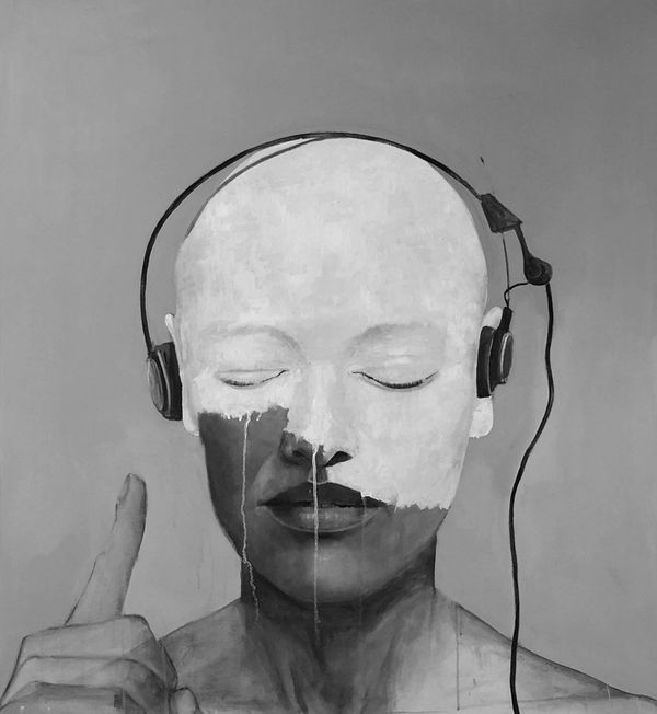 Pencil art of a man listening to music