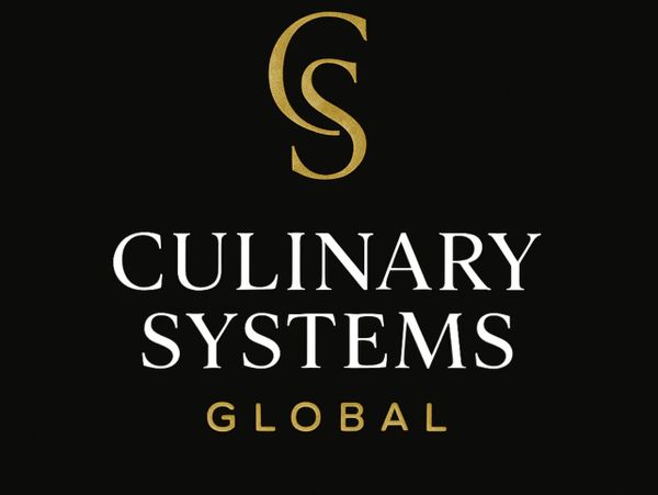 Elegant logo for Culinary Systems Global with gold and white text on black.