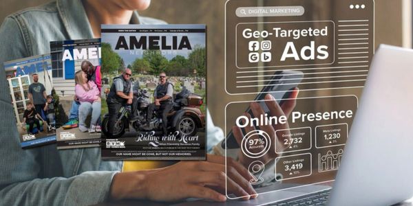 Person using laptop with digital marketing ads and Amelia magazine covers.