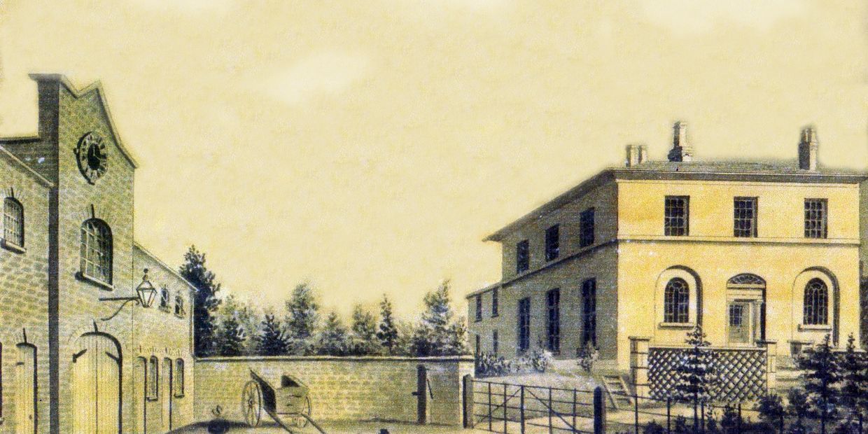 Desborough House tanding with its stables from a 1835 picture