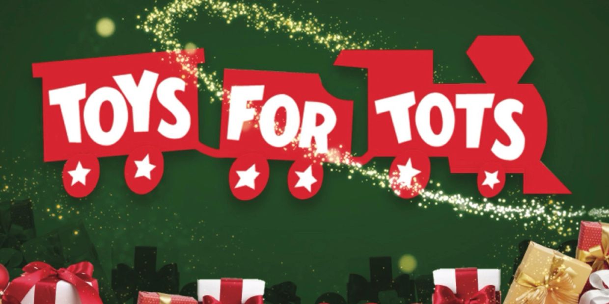 Holiday-themed Toys for Tots logo with sparkling effects and gifts.