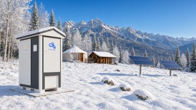 Snowy mountain scene with solar panels and a small shelter.