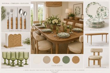 A rustic dining table setup with green and natural tones.
