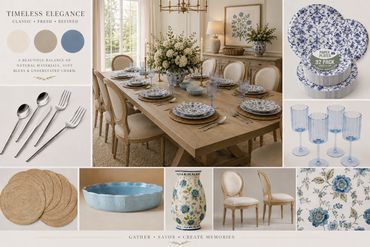 Classic dining room setup with elegant blue and beige tones.
