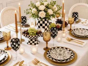 Elegant dining table with checkered and floral tableware.