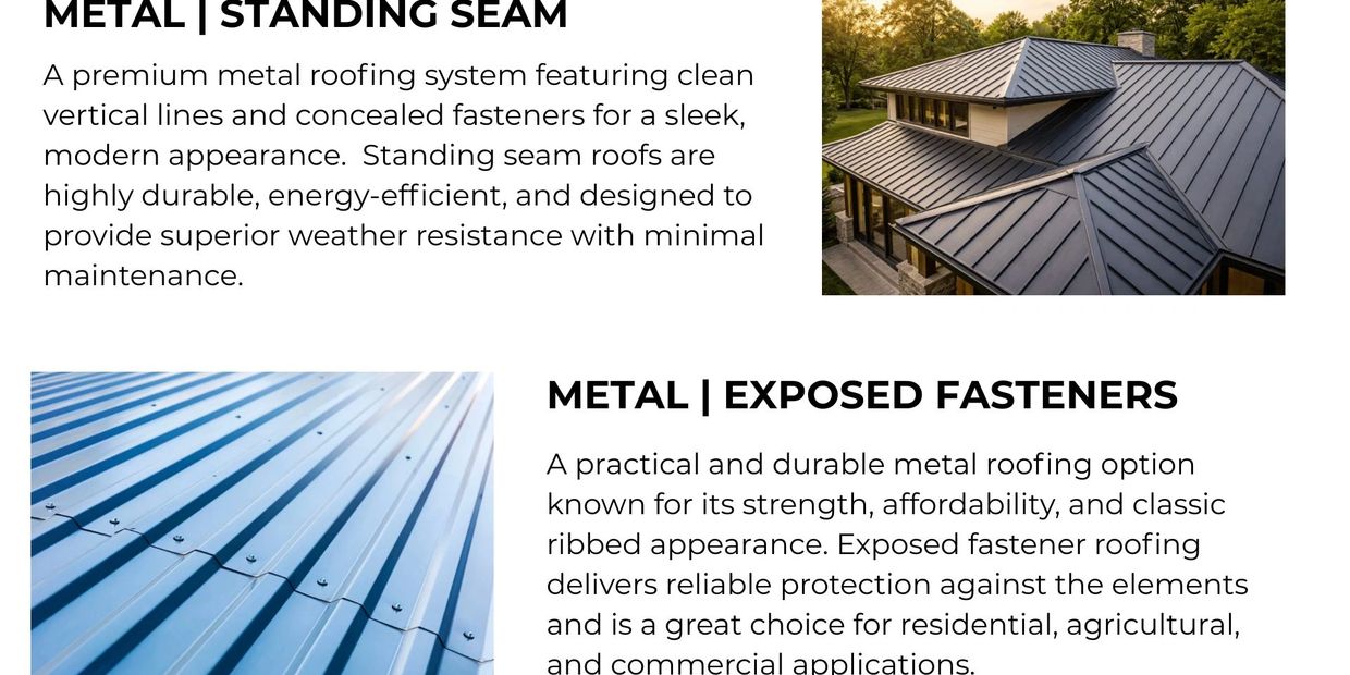 Comparison of two metal roofing styles: standing seam and exposed fasteners.