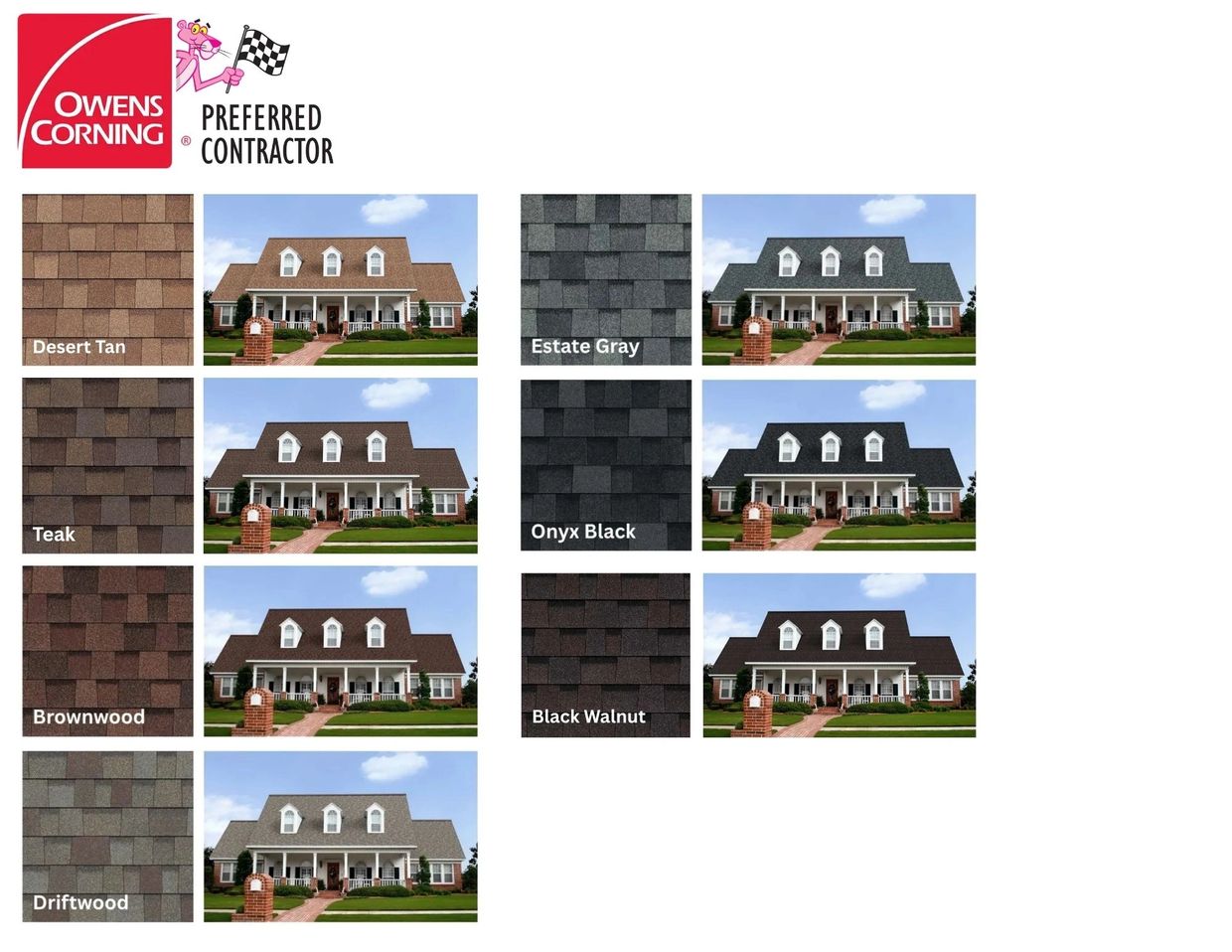 Owens Corning Oakridge shingle color options including Estate Gray, Onyx Black, Brownwood, Black Wal