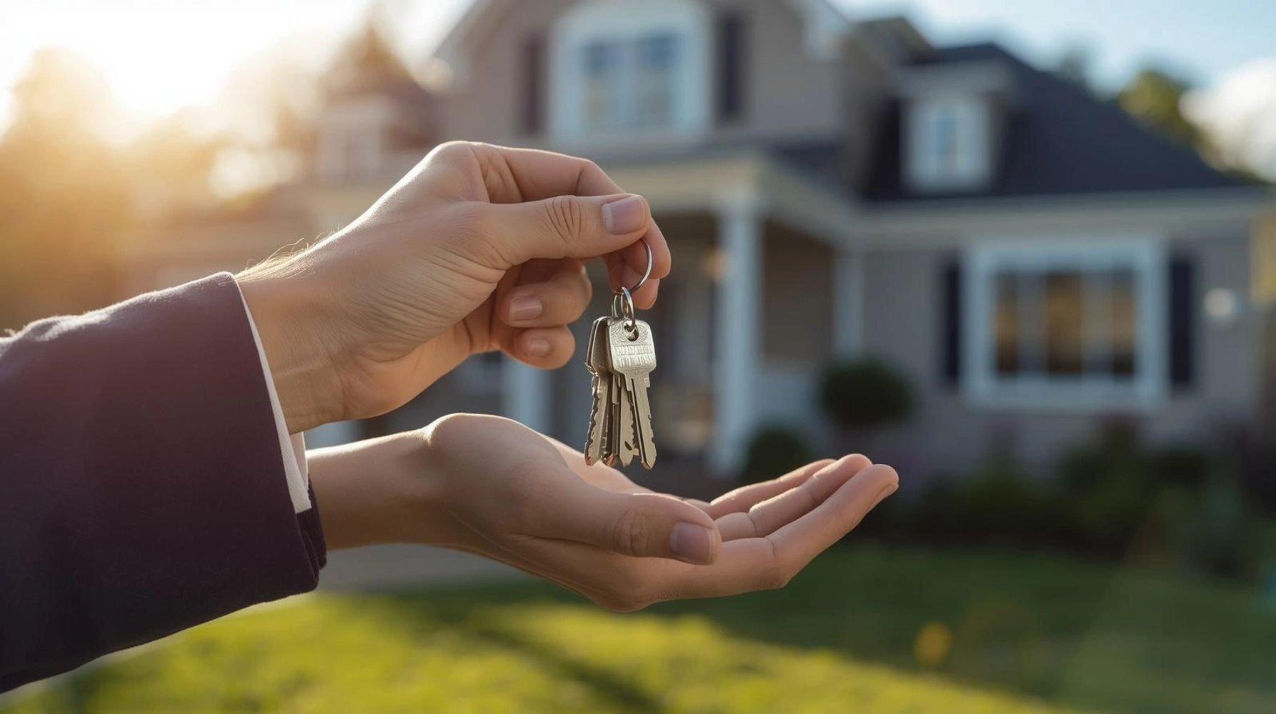 Hand holding keys in front of a house, symbolizing homeownership.
