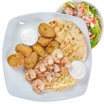 Shrimp Souvlaki Platter with Salad Pita and 2 Sides Rice Potatoes Fries